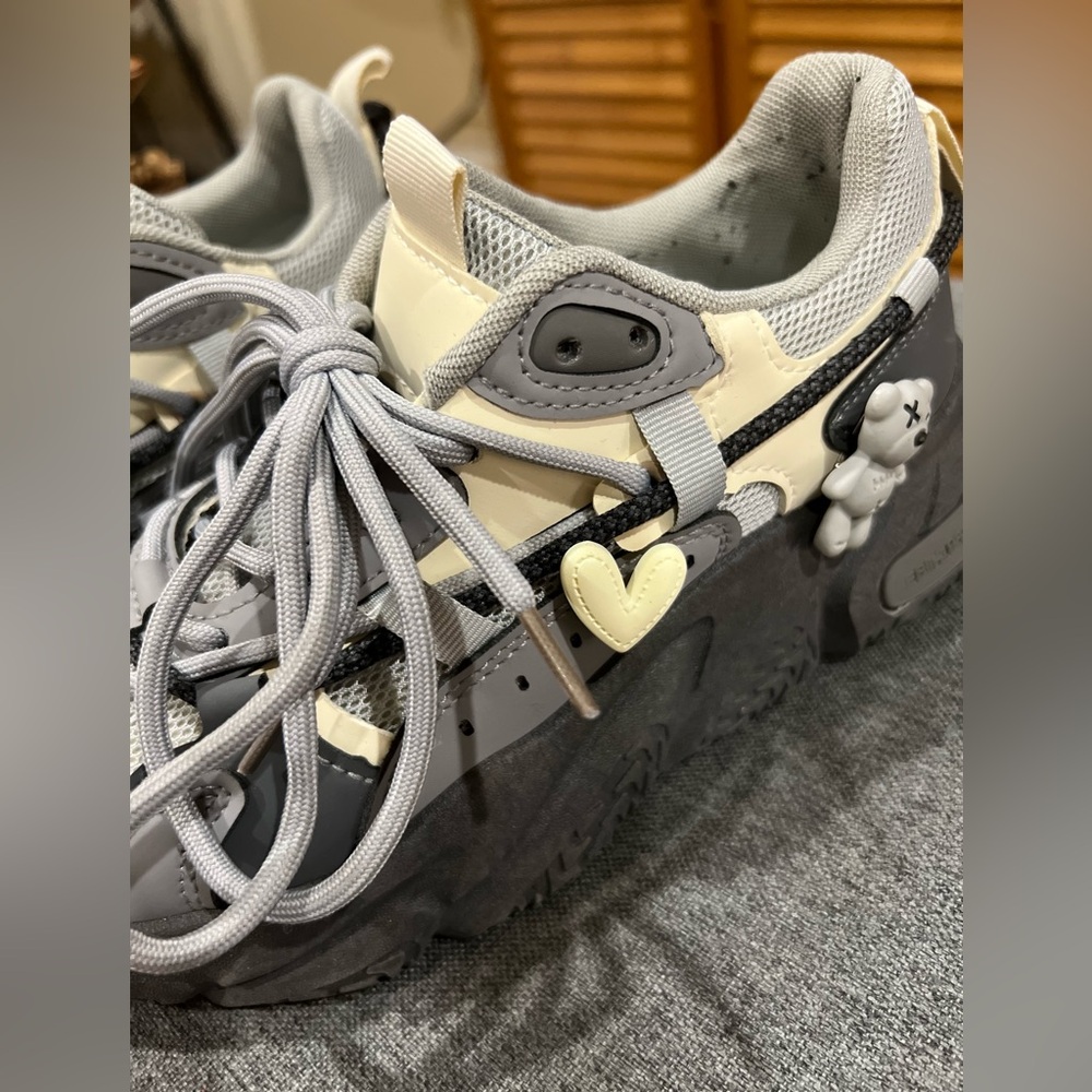 Gray and Cream Chunky Sneakers with Heart Charm - Picture 4 of 5